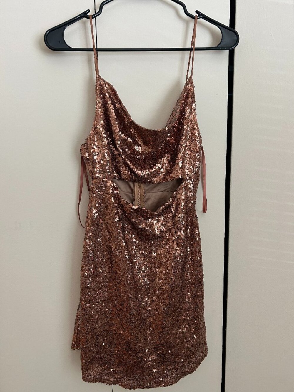 Saints & Secrets -- gold sequin sparkly mini dress, cut out mid section
